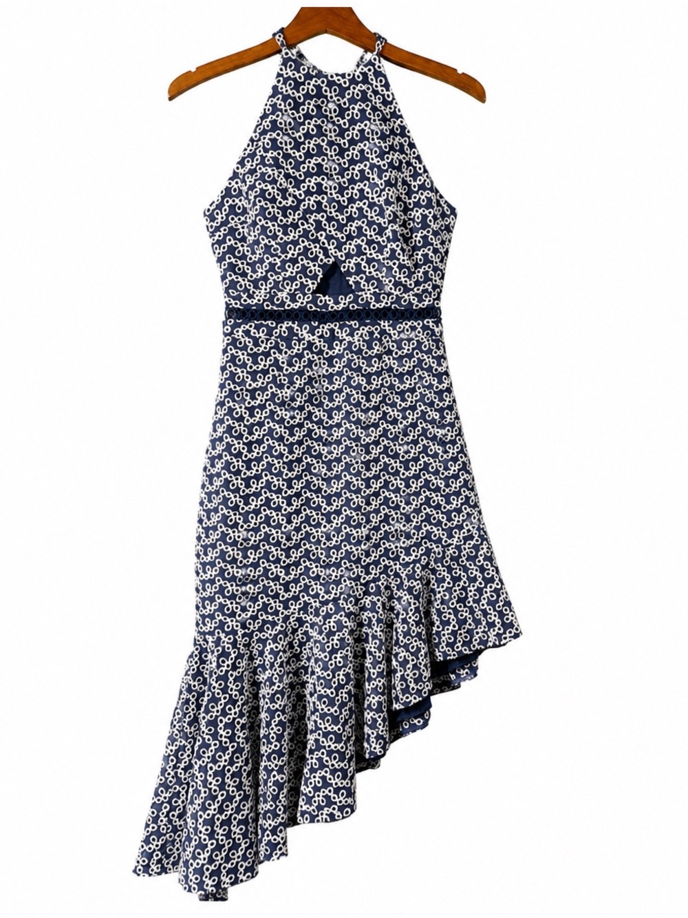 KEEPSAKE the Label Navy and White Eyelet Halter Asymmetrical High-Low Midi Dress